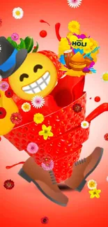 Festive Holi-themed emoji with flowers.