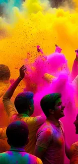 Joyful people celebrating Holi with vibrant colors exploding around.