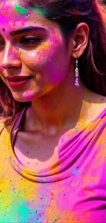 A vibrant Holi festival portrait with colorful splashes.