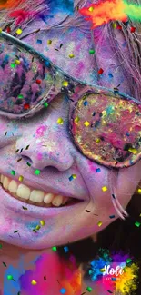 Joyful face with colorful Holi festival colors and confetti.