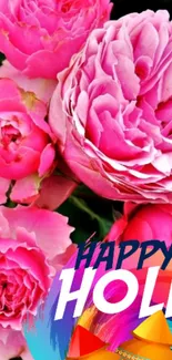 Vibrant Happy Holi wallpaper with pink roses and festive colors.