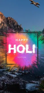 Colorful Holi celebration over mountain landscape with vibrant colors and nature.