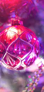 Vibrant holiday ornament surrounded by colorful lights.