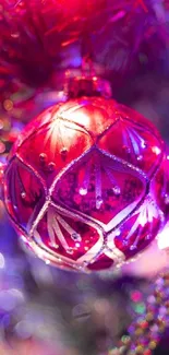 Colorful and vibrant Christmas ornament with bokeh lights.