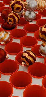 Festive red and gold ornaments in a vibrant arrangement.