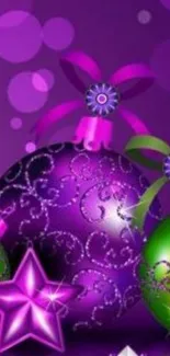 Festive wallpaper with purple and green ornaments.