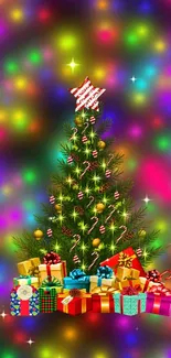 Festive Christmas tree with gifts and colorful lights.