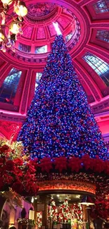 Festive Christmas tree with blue and red lights under a grand dome ceiling.