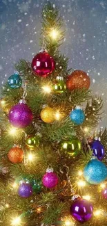 Colorful Christmas tree with bright festive ornaments and lights.