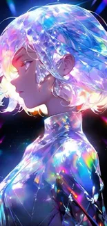 Vibrant anime wallpaper with holographic effects and a colorful character profile.