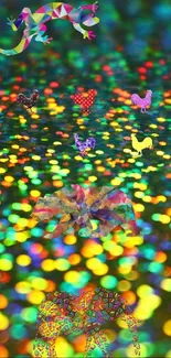 Colorful holographic wallpaper with butterflies and bokeh effect.