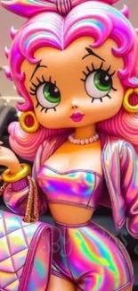 Vibrant cartoon character in pink holographic outfit with striking green eyes.