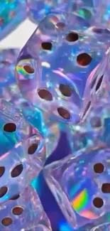 Vibrant holographic dice on a modern wallpaper background.