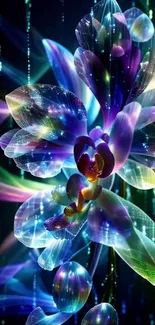 Vibrant holographic flower with neon colors and abstract digital background.