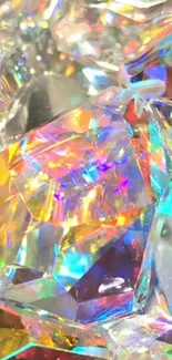 Sparkling holographic gems with vibrant rainbow hues and reflections.