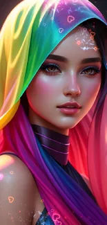 Holographic art with vibrant colors and hooded figure for mobile wallpaper.