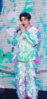 Performer in a holographic outfit on stage with vibrant lighting.