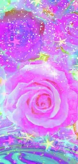 Vibrant neon roses with holographic effect and stars on a pastel background.