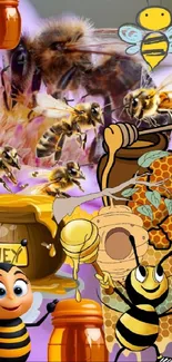 Vibrant wallpaper with honey bees and honey jars on a purple background.