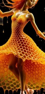Artistic wallpaper of woman in honeycomb dress surrounded by bees.