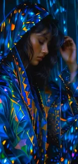 Artistic depiction of a person wearing a vibrant hooded jacket.