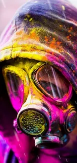 Person in vibrant hooded gas mask with colorful splashes.