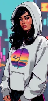 Stylish woman in hoodie with neon city background.