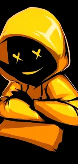 Stylized figure in yellow hoodie against black background.