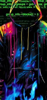 Colorful hoodie with code background in digital art style.
