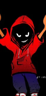 Illustration of a character in a red hoodie with an edgy design.