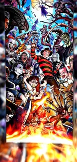 Vibrant horror cartoon collage with iconic characters and fiery colors.