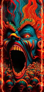 Horror-themed vibrant mobile wallpaper with fiery colors and surreal design.