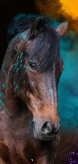 Beautiful horse with vibrant teal and orange colors in captivating wallpaper design.