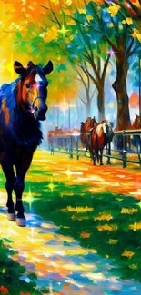 Artistic autumn scene with horse and colorful foliage.