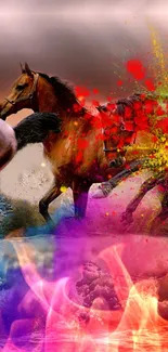 Vibrant horses galloping through colorful splashes of water and fire.