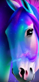 Vibrant neon horse with galaxy background and colorful mane.