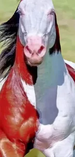 Majestic horse with vibrant colors on grassy background.