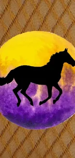 Silhouette of a horse against a vibrant yellow and purple background.