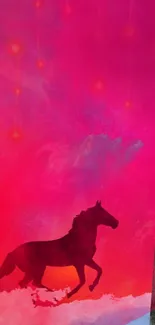 Vibrant red horse silhouette against a gradient sky.