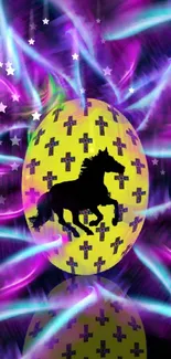 Surreal horse silhouette on a vibrant purple and yellow background with stars.