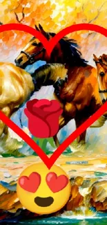 Vibrant abstract horse painting with a heart symbol overlay.