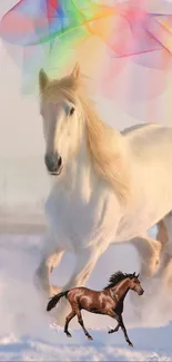 Galloping horses in snow with colorful lights.