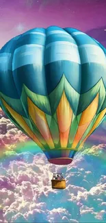 Vibrant hot air balloon soaring above colorful clouds.