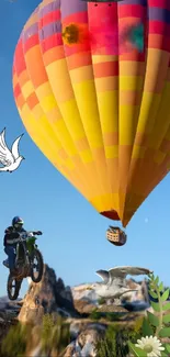 Colorful hot air balloon and motorbike scene.