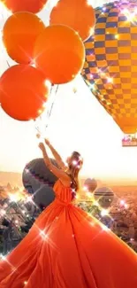 Woman in orange dress with hot air balloons at sunset.