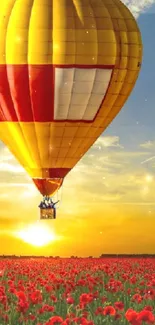 Hot air balloon floating over a field of red flowers at sunset.