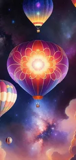 Vibrant hot air balloons floating in a cosmic night sky with colorful clouds.