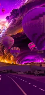 Hot air balloons floating in a vibrant fantasy purple sky.