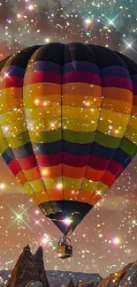 Vibrant hot air balloon in a starry night sky.