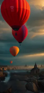 Colorful hot air balloons float over a sunrise landscape with dramatic skies.